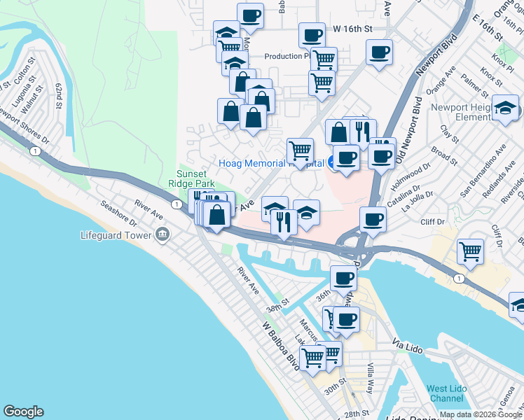 map of restaurants, bars, coffee shops, grocery stores, and more near 220 Nice Lane in Newport Beach