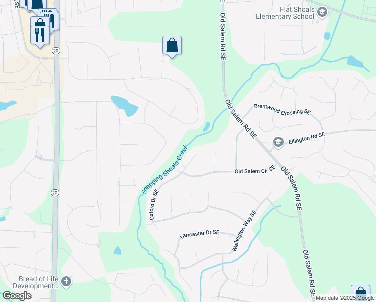 map of restaurants, bars, coffee shops, grocery stores, and more near 1341 Oxford Drive Southeast in Conyers