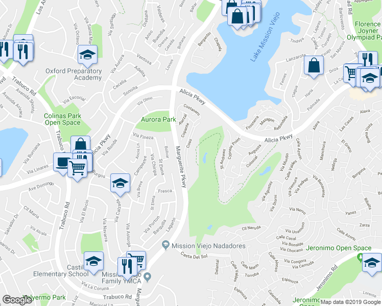 map of restaurants, bars, coffee shops, grocery stores, and more near 23384 Coso in Mission Viejo