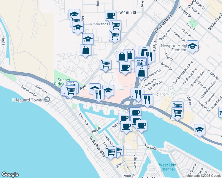 map of restaurants, bars, coffee shops, grocery stores, and more near 270 Cagney Lane in Newport Beach
