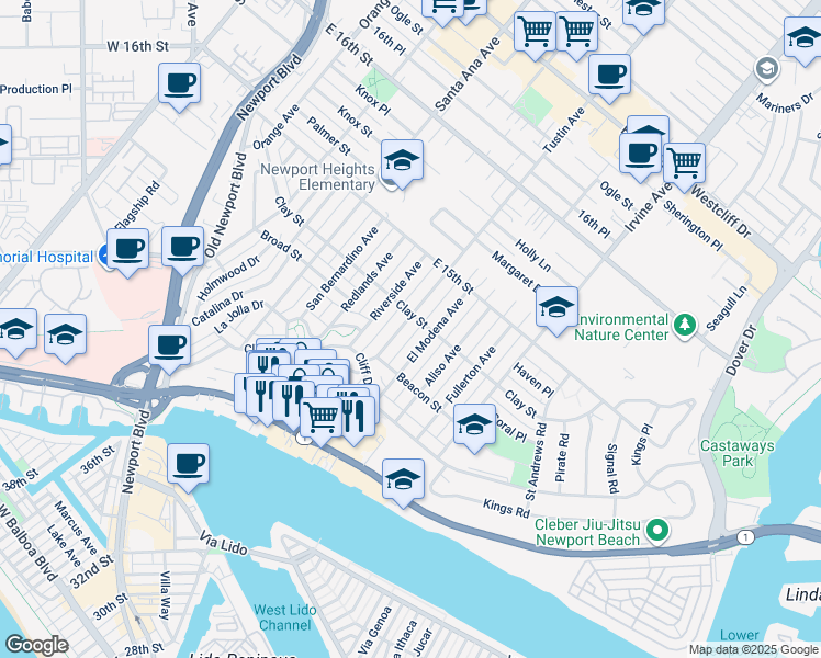 map of restaurants, bars, coffee shops, grocery stores, and more near 438 Tustin Avenue in Newport Beach