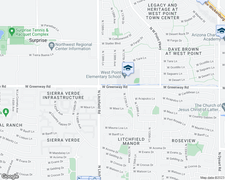 map of restaurants, bars, coffee shops, grocery stores, and more near 13804 West Caribbean Lane in Surprise