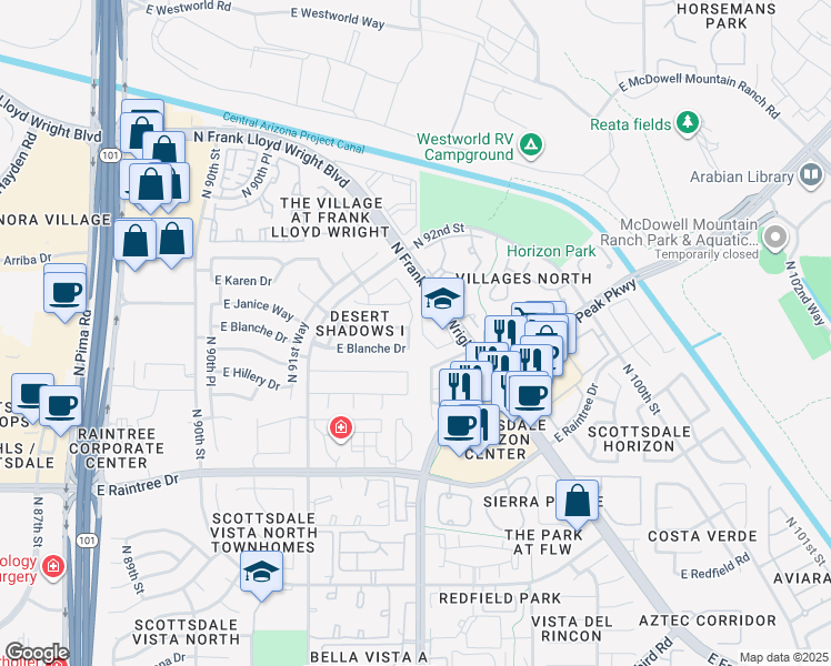 map of restaurants, bars, coffee shops, grocery stores, and more near 9365 East Caribbean Lane in Scottsdale