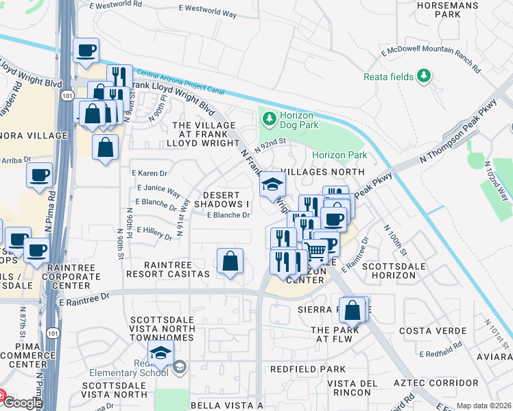 map of restaurants, bars, coffee shops, grocery stores, and more near 9365 East Caribbean Lane in Scottsdale