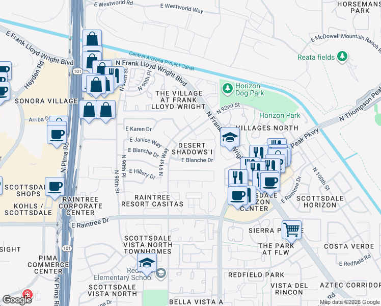 map of restaurants, bars, coffee shops, grocery stores, and more near 9283 East Caribbean Lane in Scottsdale