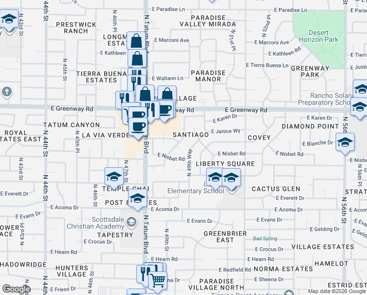 map of restaurants, bars, coffee shops, grocery stores, and more near 15040 North 49th Street in Scottsdale