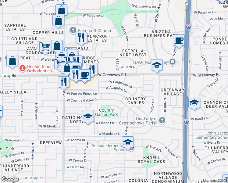 map of restaurants, bars, coffee shops, grocery stores, and more near 3126 West Acapulco Lane in Phoenix
