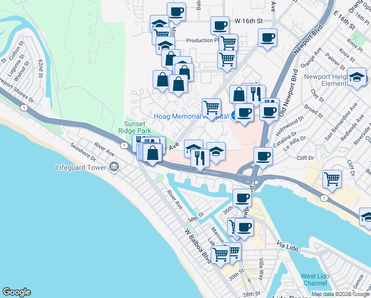 map of restaurants, bars, coffee shops, grocery stores, and more near 220 Nice Lane in Newport Beach