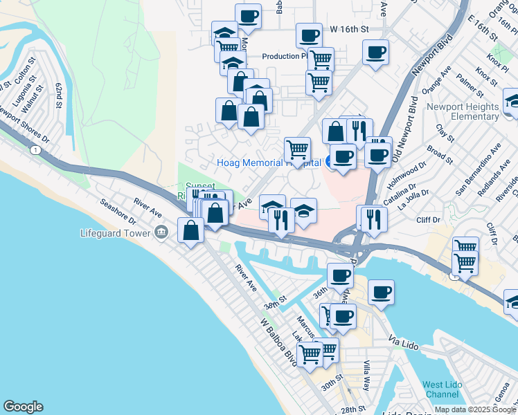 map of restaurants, bars, coffee shops, grocery stores, and more near 5 Tribute Court in Newport Beach