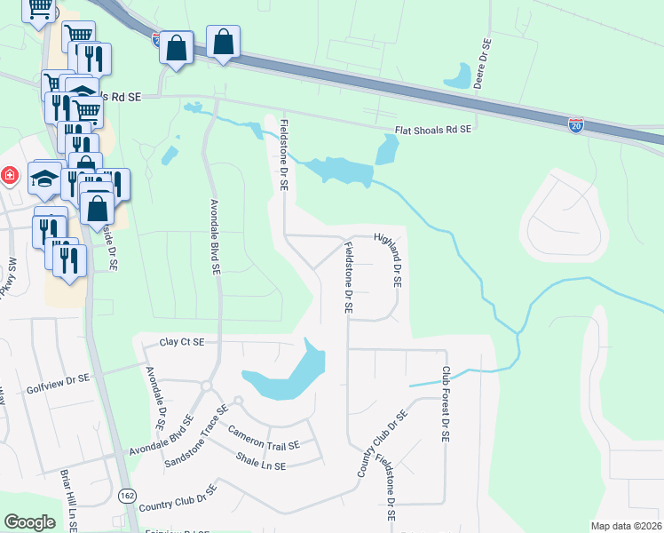 map of restaurants, bars, coffee shops, grocery stores, and more near 2469 Highland Drive Southeast in Conyers