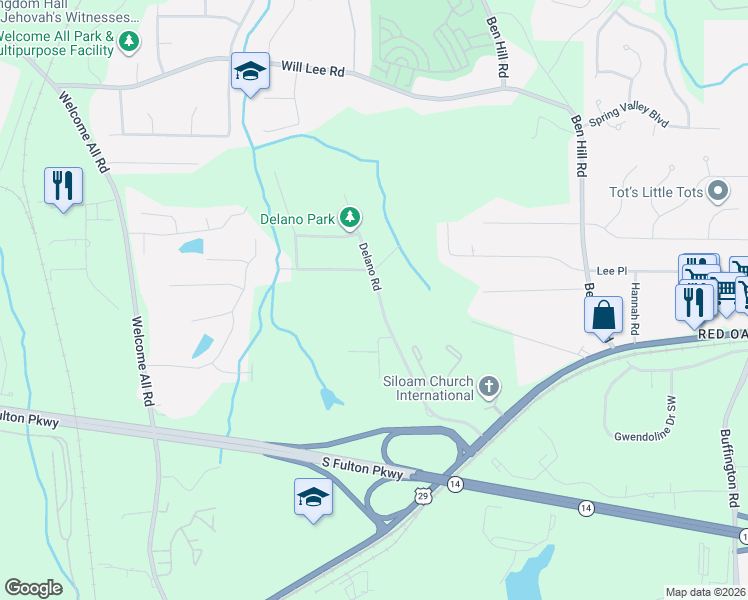 map of restaurants, bars, coffee shops, grocery stores, and more near 4801 Delano Road in Atlanta