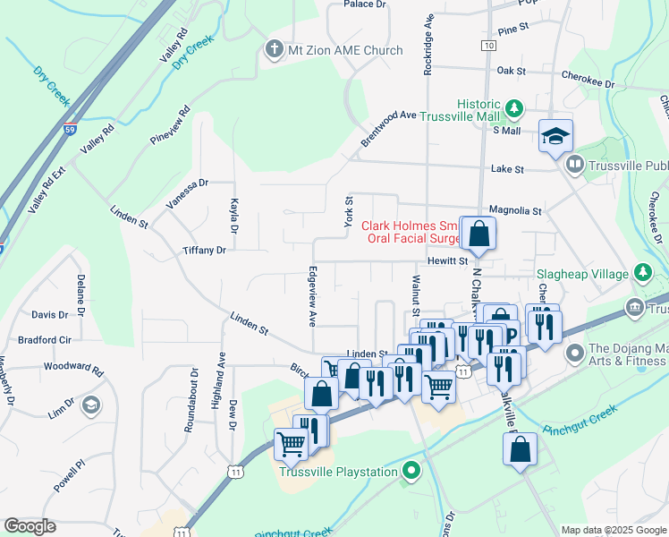 map of restaurants, bars, coffee shops, grocery stores, and more near 348 Hewitt Street in Trussville