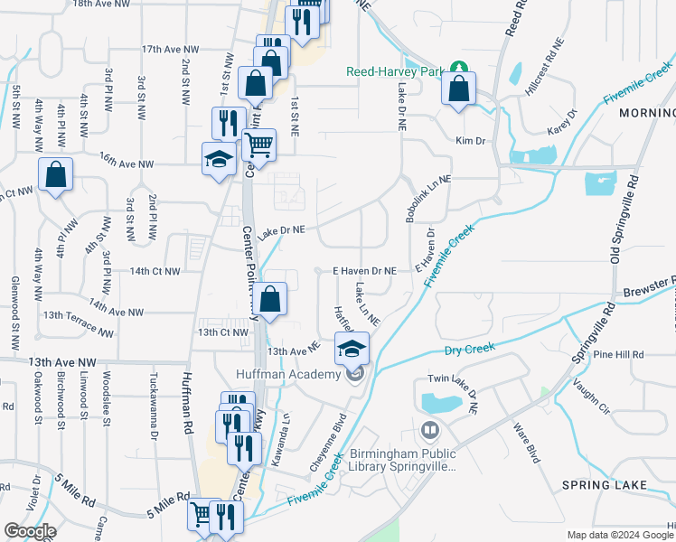 map of restaurants, bars, coffee shops, grocery stores, and more near 213 Lake Drive Circle Northeast in Birmingham