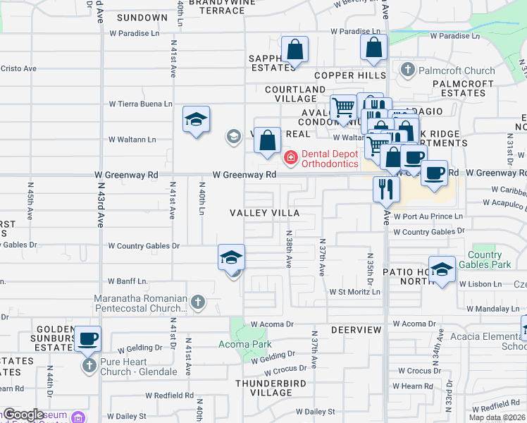 map of restaurants, bars, coffee shops, grocery stores, and more near 3845 West Caribbean Lane in Phoenix