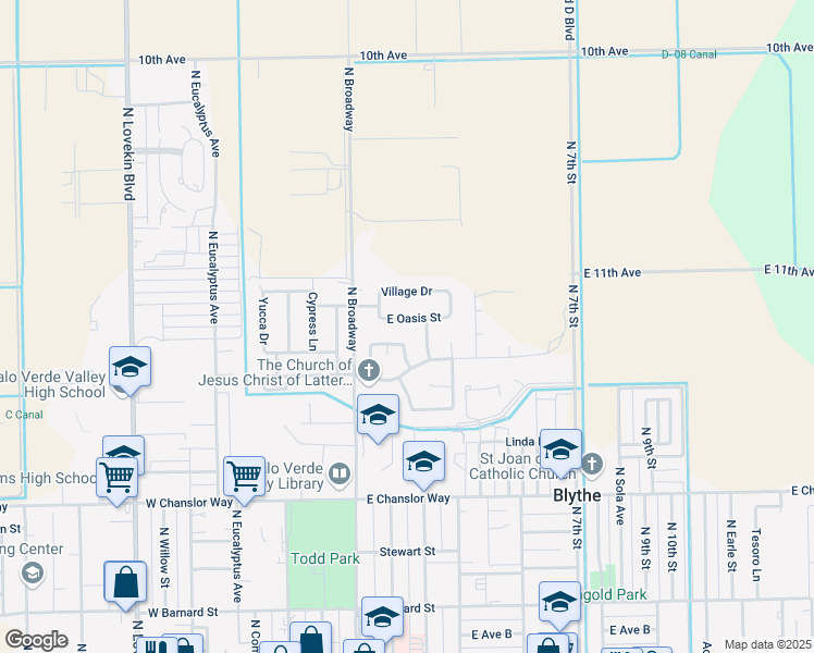 map of restaurants, bars, coffee shops, grocery stores, and more near 260 East Oasis Street in Blythe