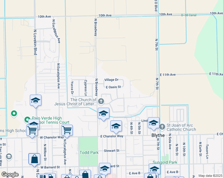 map of restaurants, bars, coffee shops, grocery stores, and more near 260 East Oasis Street in Blythe