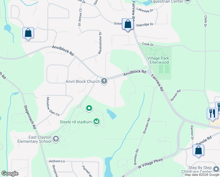 map of restaurants, bars, coffee shops, grocery stores, and more near 3895 Anvilblock Road in Ellenwood