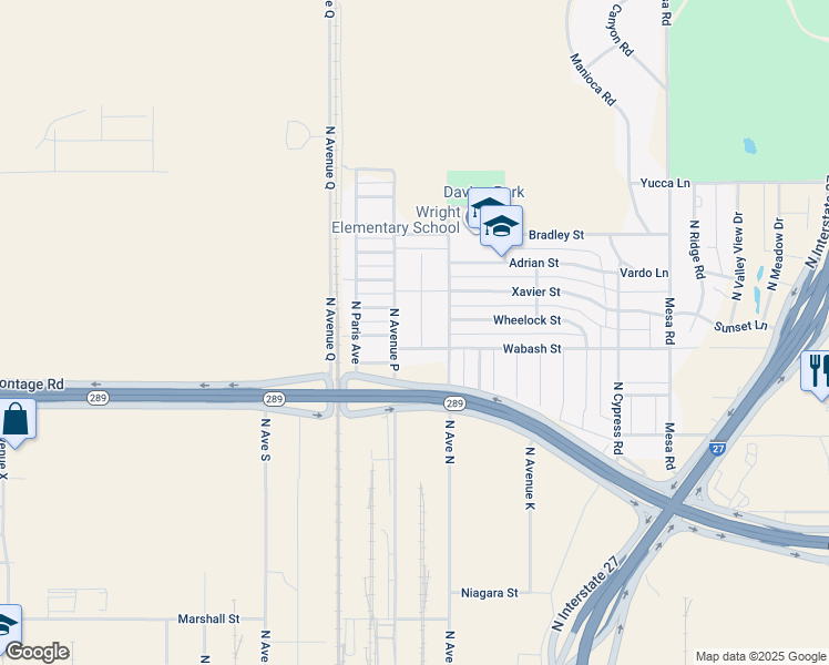 map of restaurants, bars, coffee shops, grocery stores, and more near 1601 Xavier Street in Lubbock