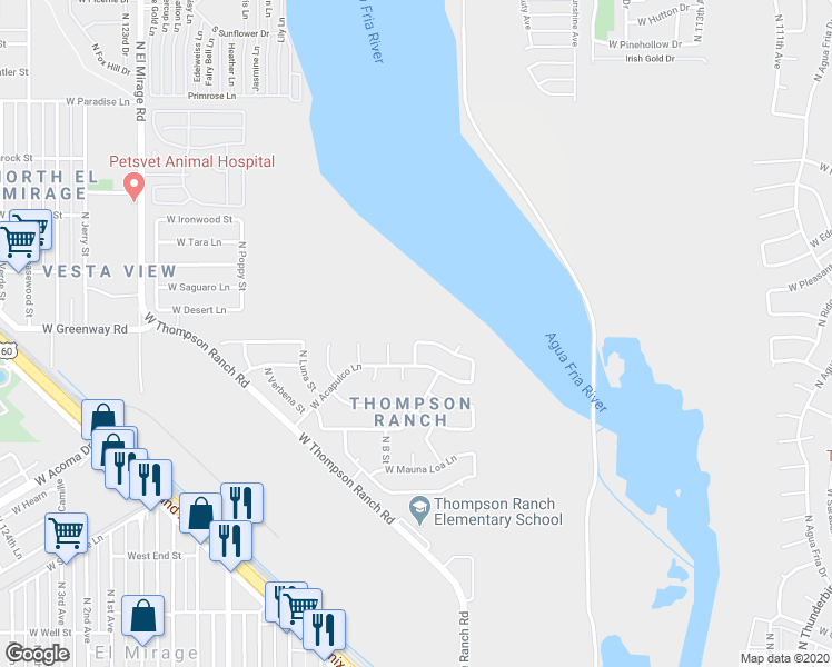map of restaurants, bars, coffee shops, grocery stores, and more near 11766 West Caribbean Lane in El Mirage