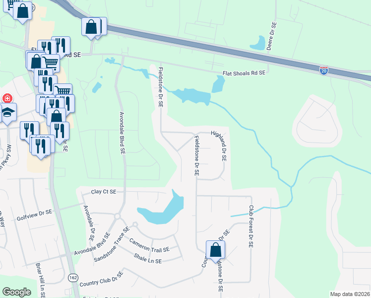 map of restaurants, bars, coffee shops, grocery stores, and more near 2469 Highland Drive Southeast in Conyers