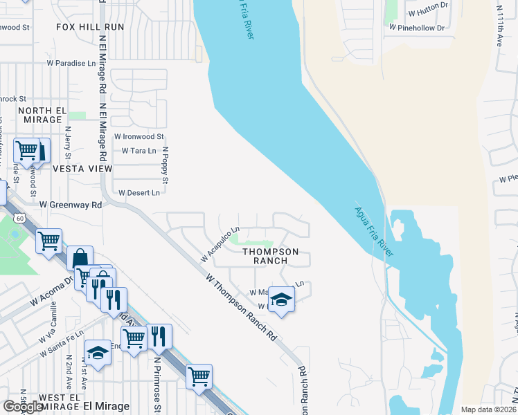 map of restaurants, bars, coffee shops, grocery stores, and more near 15231 North B Court in El Mirage