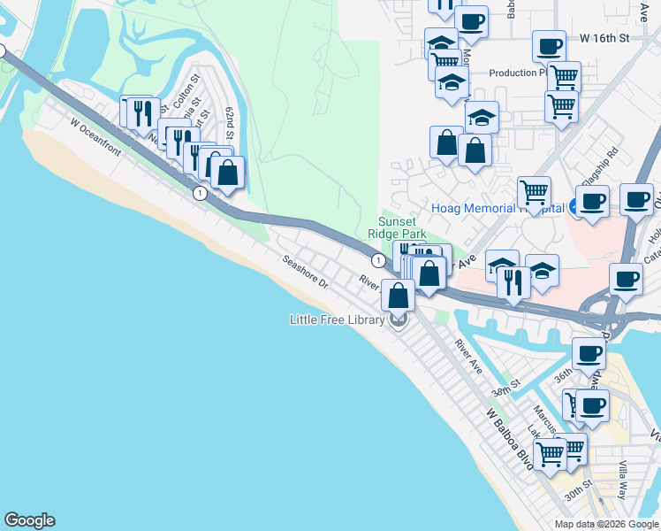 map of restaurants, bars, coffee shops, grocery stores, and more near 5119 River Avenue in Newport Beach