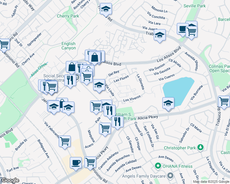 map of restaurants, bars, coffee shops, grocery stores, and more near La Crescenta in Mission Viejo