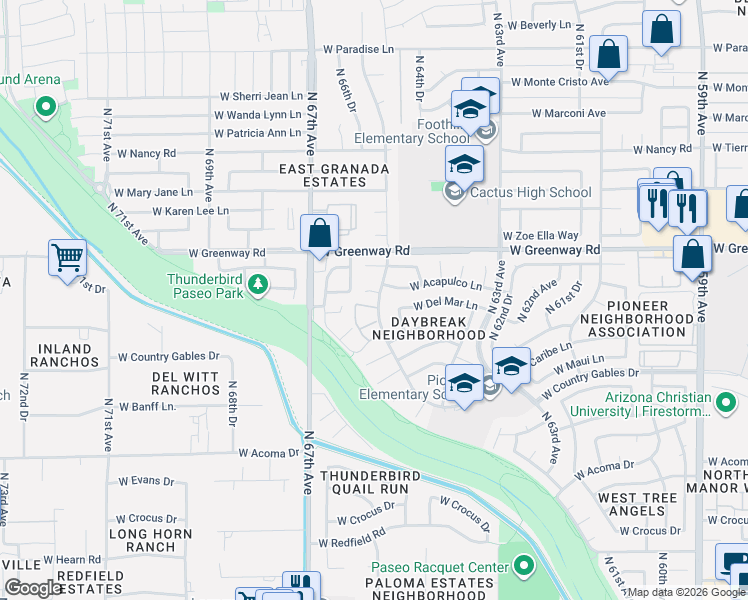 map of restaurants, bars, coffee shops, grocery stores, and more near 6624 West Acapulco Lane in Glendale