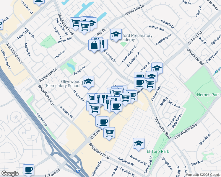 map of restaurants, bars, coffee shops, grocery stores, and more near 23282 Cavanaugh Road in Lake Forest