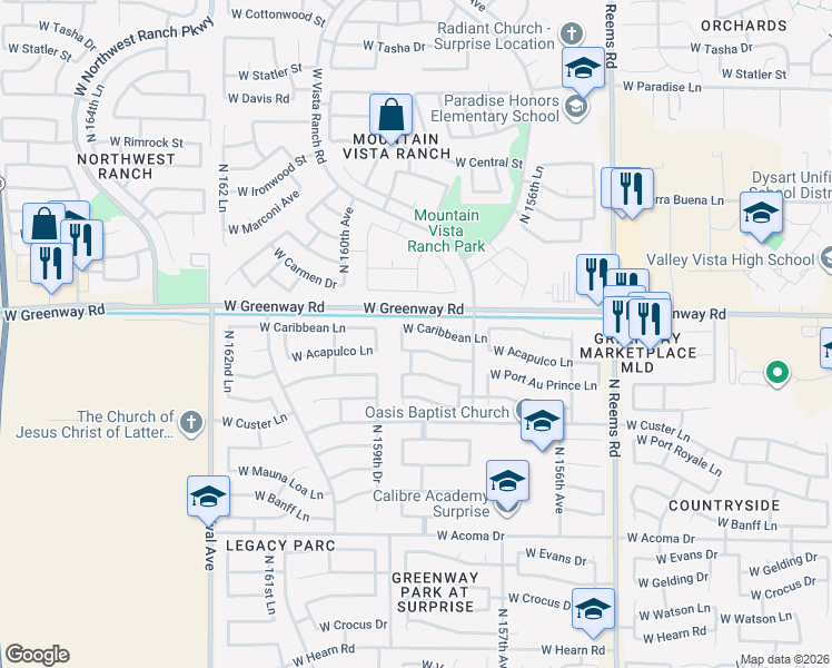 map of restaurants, bars, coffee shops, grocery stores, and more near 15821 West Caribbean Lane in Surprise