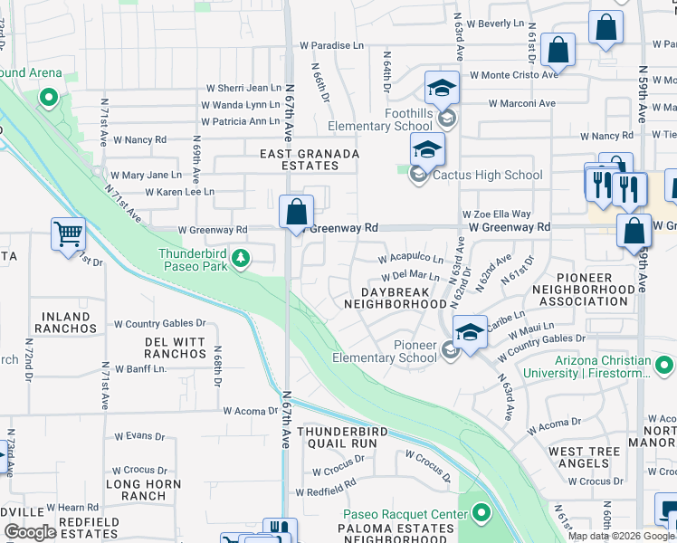 map of restaurants, bars, coffee shops, grocery stores, and more near 6625 West Acapulco Lane in Glendale