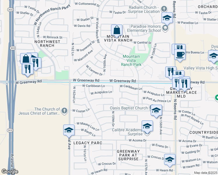 map of restaurants, bars, coffee shops, grocery stores, and more near 15921 West Caribbean Lane in Surprise
