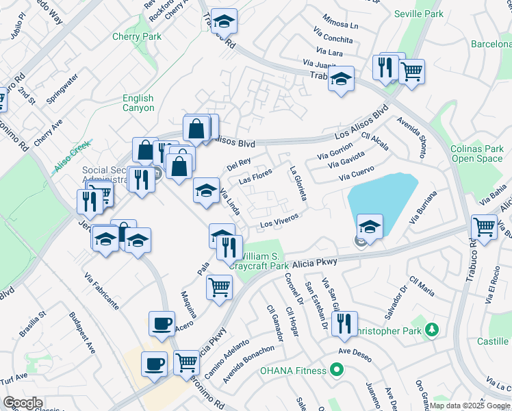 map of restaurants, bars, coffee shops, grocery stores, and more near 23386 La Crescenta in Mission Viejo