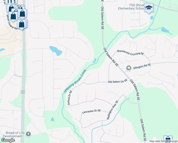 map of restaurants, bars, coffee shops, grocery stores, and more near 1341 Oxford Drive Southeast in Conyers