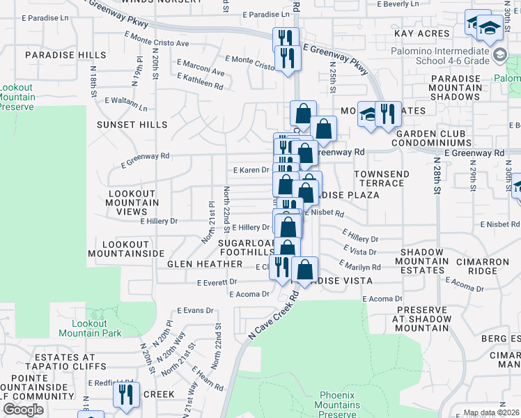 map of restaurants, bars, coffee shops, grocery stores, and more near 2236 East Blanche Drive in Phoenix