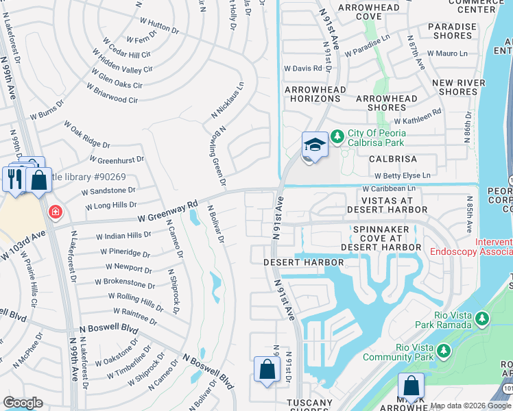 map of restaurants, bars, coffee shops, grocery stores, and more near 9151 West Greenway Road in Peoria