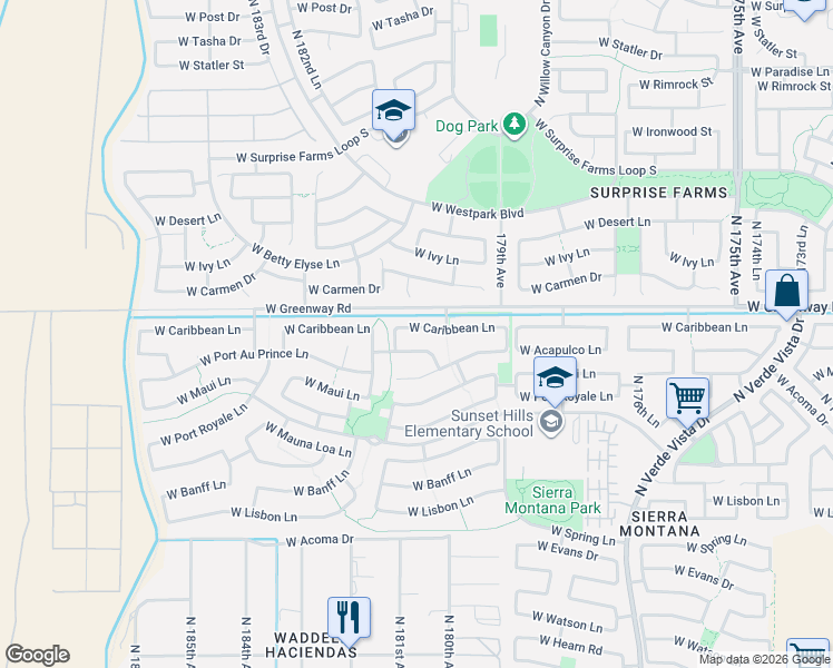map of restaurants, bars, coffee shops, grocery stores, and more near 18035 West Caribbean Lane in Surprise