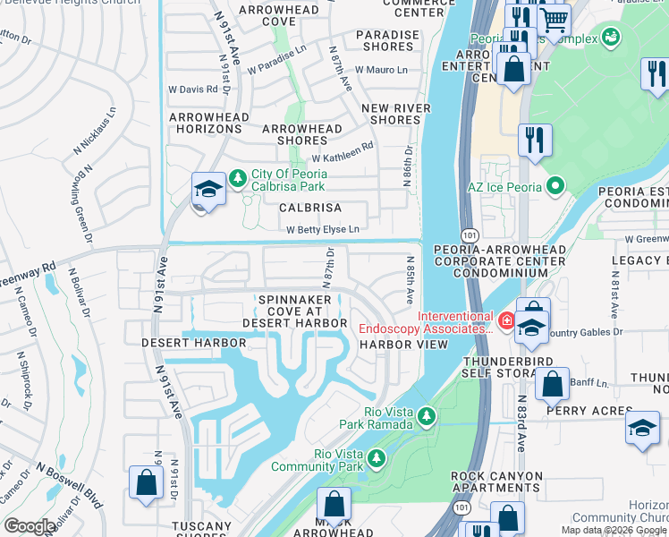 map of restaurants, bars, coffee shops, grocery stores, and more near 15313 North 87th Drive in Peoria