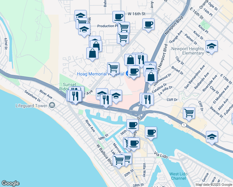 map of restaurants, bars, coffee shops, grocery stores, and more near 270 Cagney Lane in Newport Beach