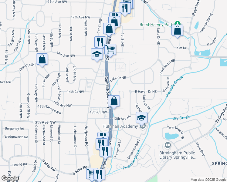 map of restaurants, bars, coffee shops, grocery stores, and more near 9 Shadowood Circle Northeast in Birmingham