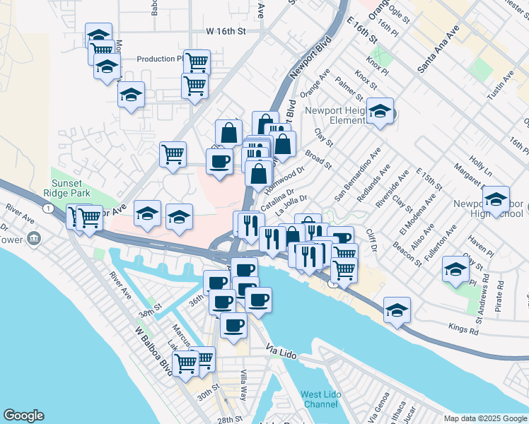 map of restaurants, bars, coffee shops, grocery stores, and more near 250 Catalina Drive in Newport Beach