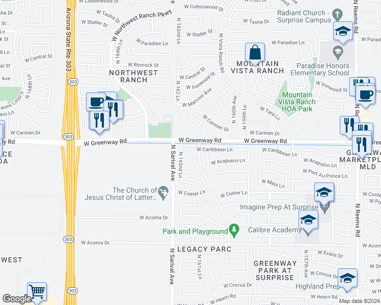 map of restaurants, bars, coffee shops, grocery stores, and more near 16227 West Caribbean Lane in Surprise