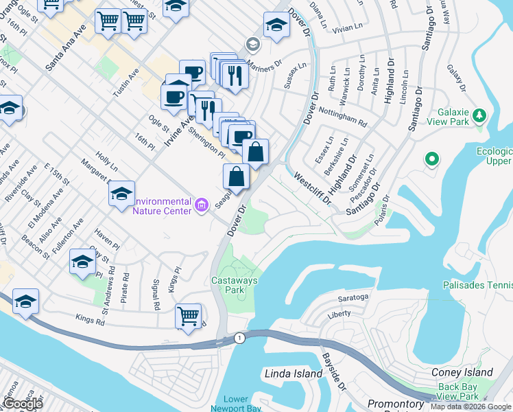 map of restaurants, bars, coffee shops, grocery stores, and more near 13 Cape Danbury in Newport Beach