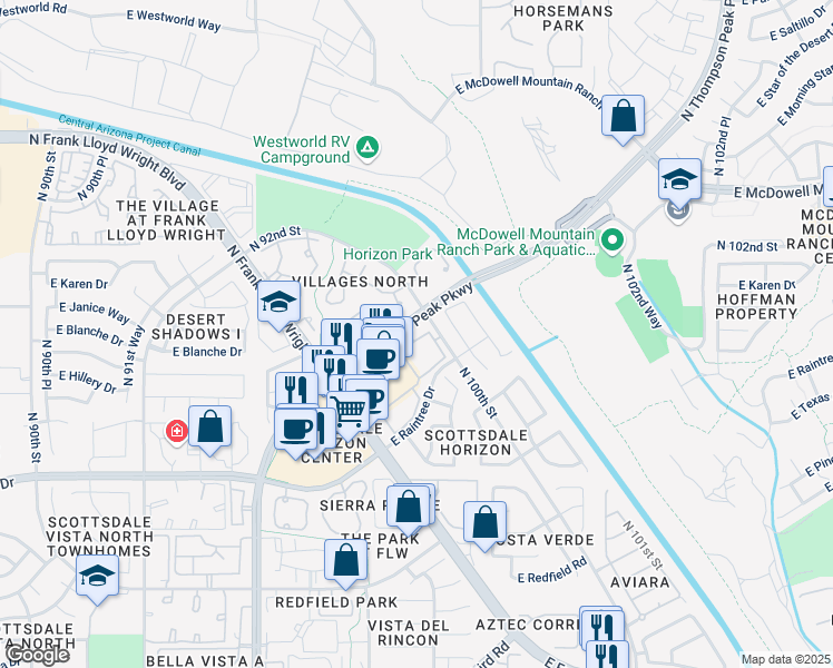 map of restaurants, bars, coffee shops, grocery stores, and more near 15184 North 100th Place in Scottsdale