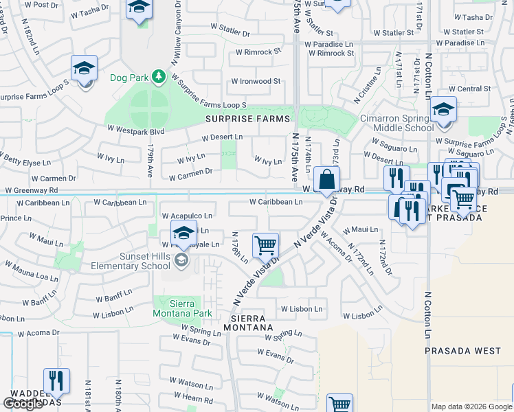 map of restaurants, bars, coffee shops, grocery stores, and more near 17610 West Caribbean Lane in Surprise