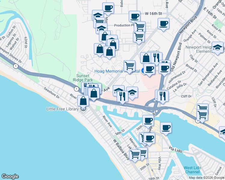 map of restaurants, bars, coffee shops, grocery stores, and more near 200 Paris Lane in Newport Beach