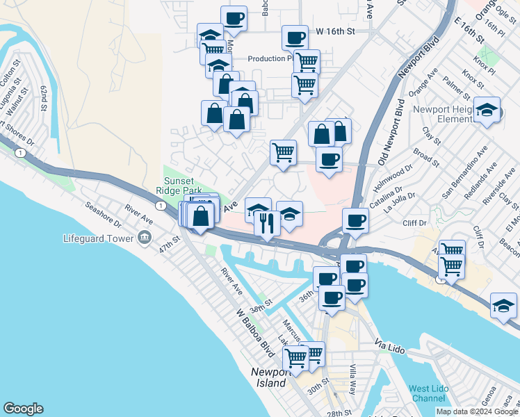 map of restaurants, bars, coffee shops, grocery stores, and more near 200 Paris Lane in Newport Beach