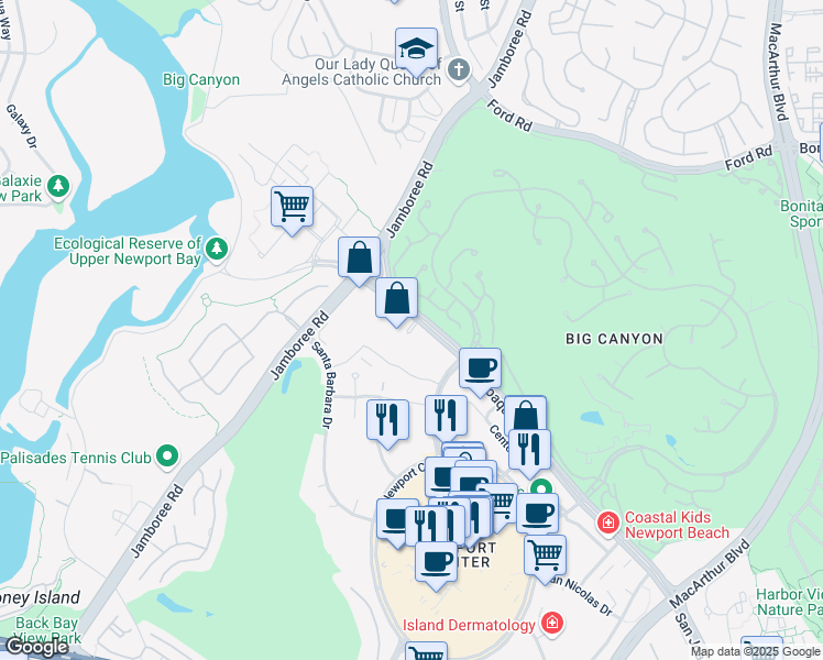 map of restaurants, bars, coffee shops, grocery stores, and more near 6203 San Joaquin Plaza in Newport Beach