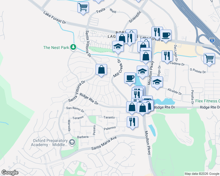 map of restaurants, bars, coffee shops, grocery stores, and more near 23342 Caminito Marcial in Laguna Hills