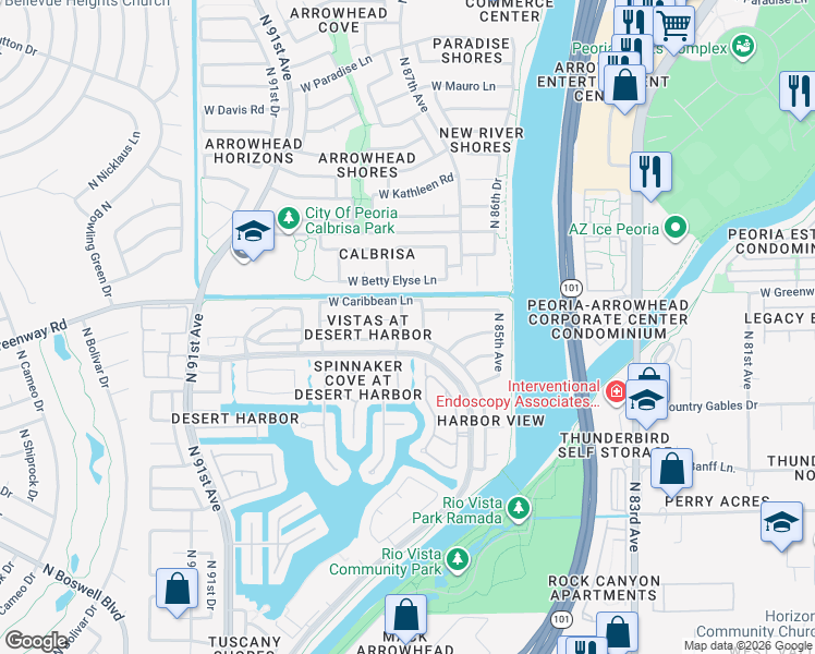 map of restaurants, bars, coffee shops, grocery stores, and more near 15313 North 87th Drive in Peoria